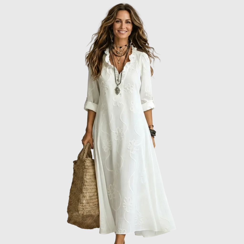 Floral Embroidered Long Sleeve Ruffle Neck Maxi Dress
