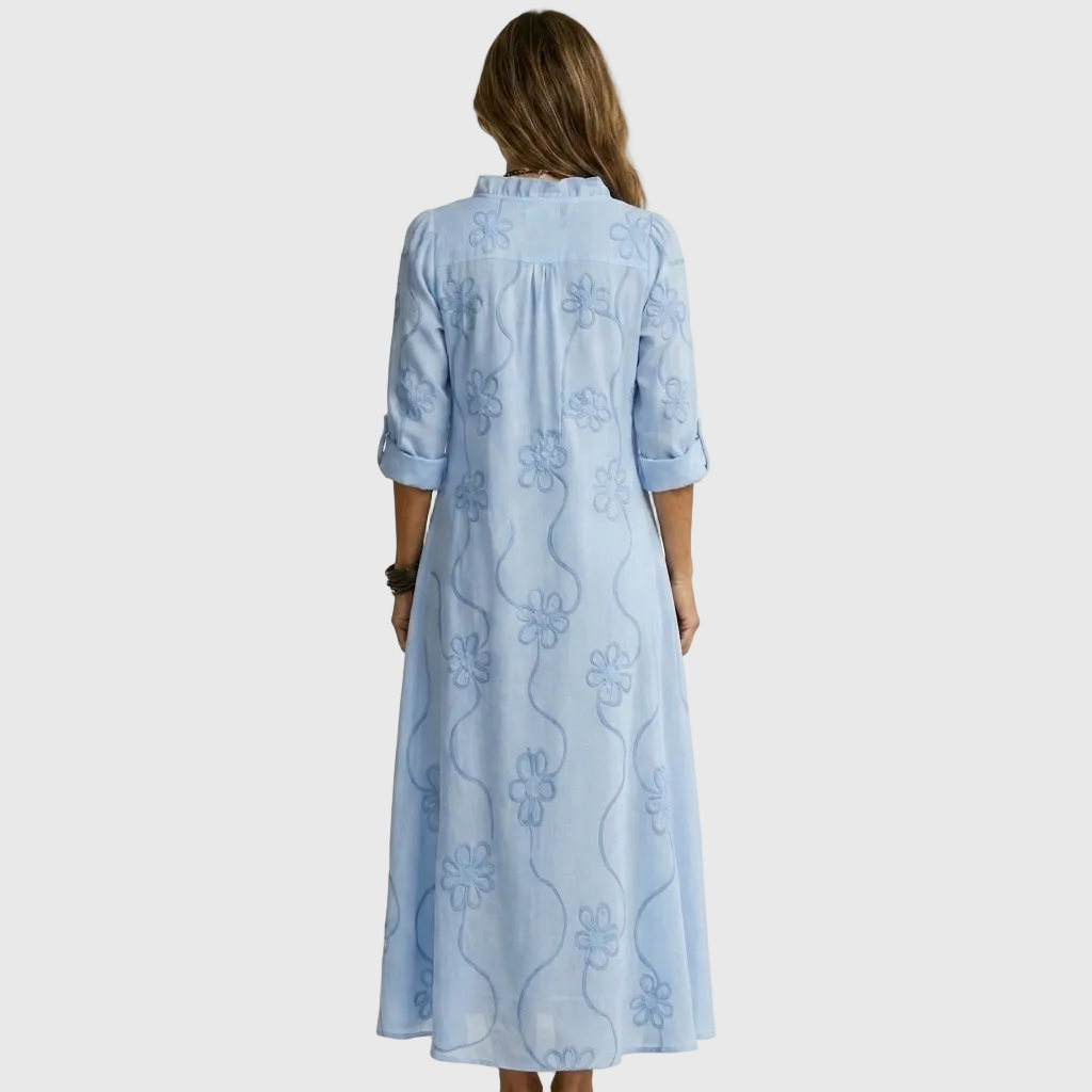 Floral Embroidered Long Sleeve Ruffle Neck Maxi Dress
