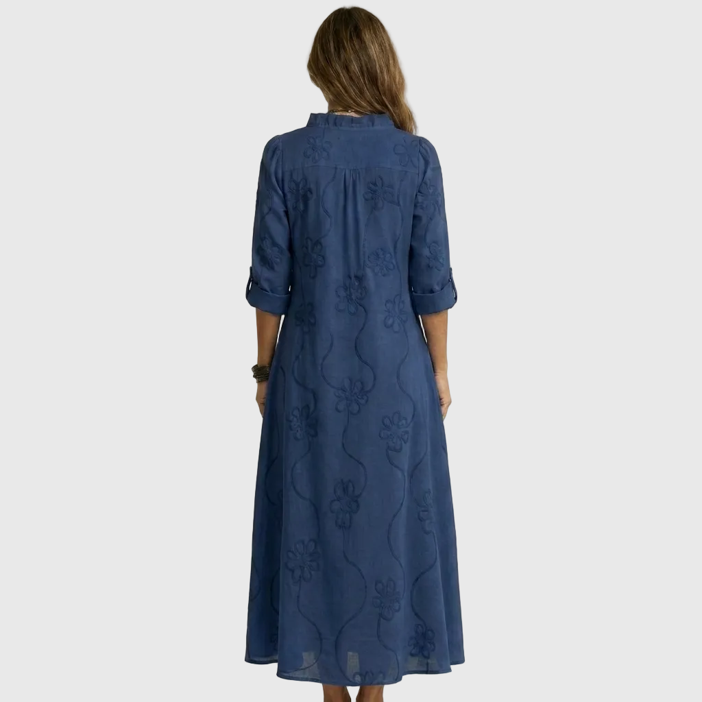 Floral Embroidered Long Sleeve Ruffle Neck Maxi Dress
