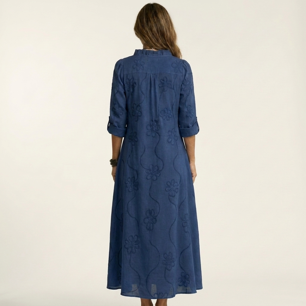 Embroidered Floral Ruffle Collar Half Placket Maxi Dress