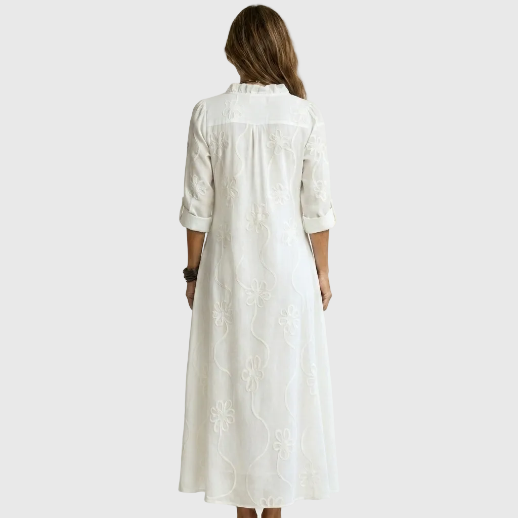 Floral Embroidered Long Sleeve Ruffle Neck Maxi Dress