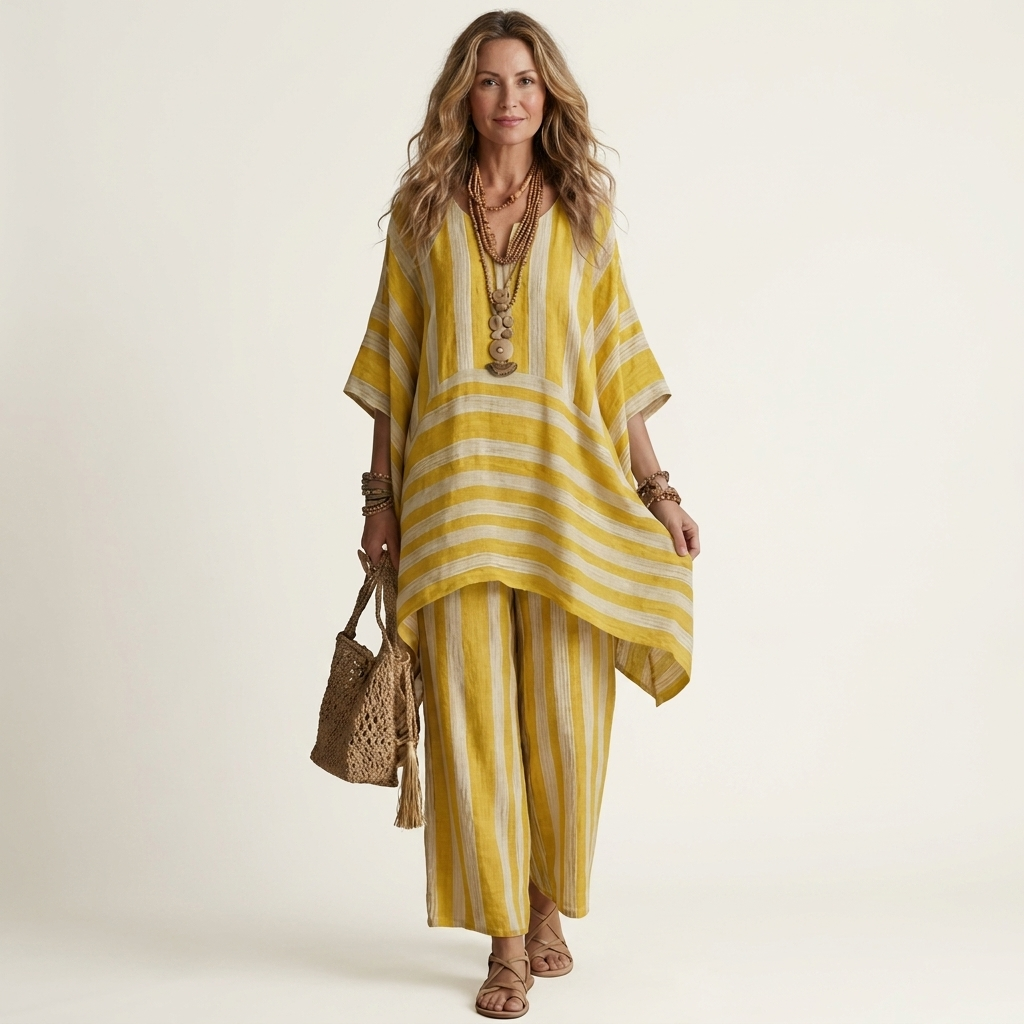 Striped V-Neck Kaftan Top and Wide Leg Pants Two Piece Set