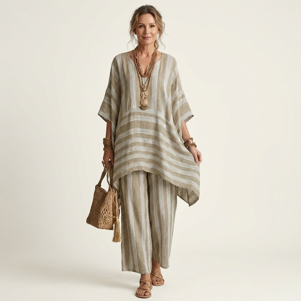 Striped V-Neck Kaftan Top and Wide Leg Pants Two Piece Set