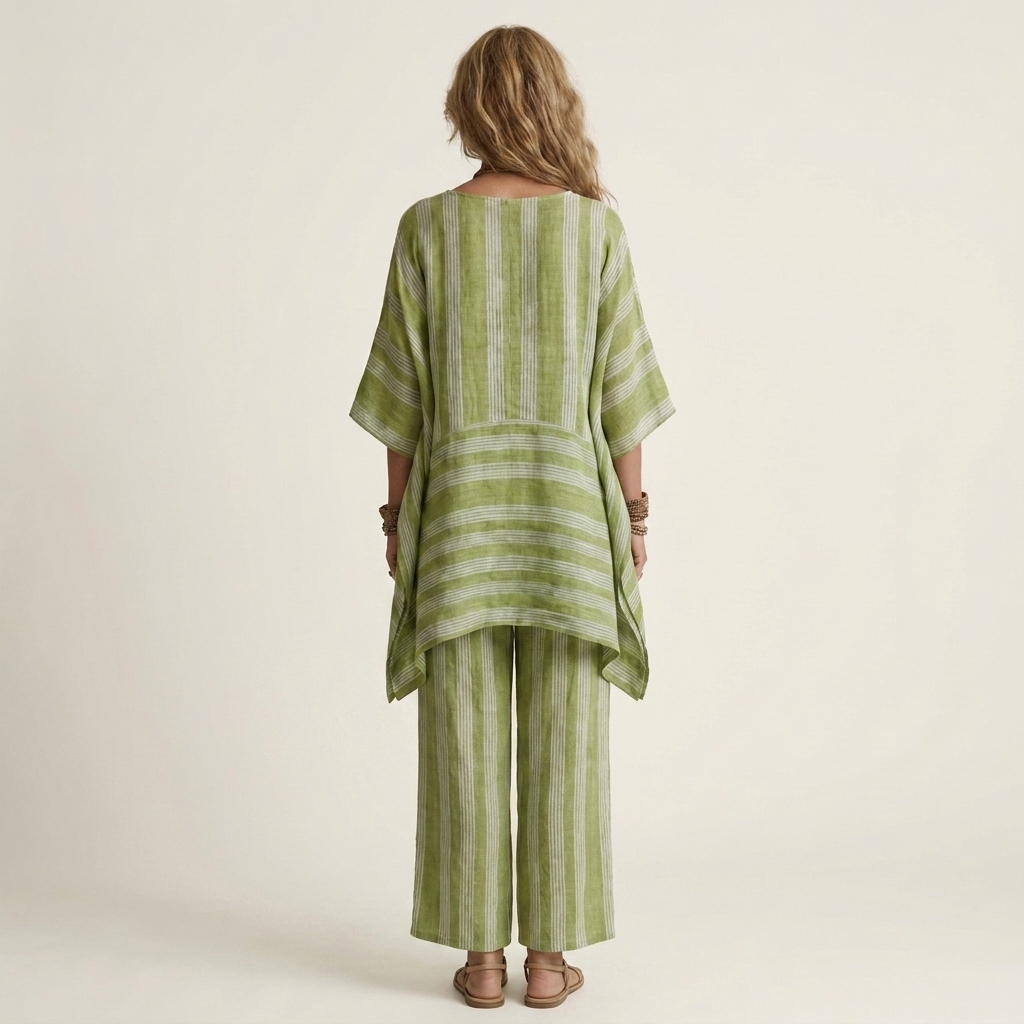Striped V-Neck Kaftan Top and Wide Leg Pants Two Piece Set