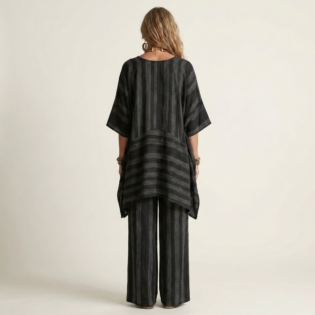 Striped V-Neck Kaftan Top and Wide Leg Pants Two Piece Set