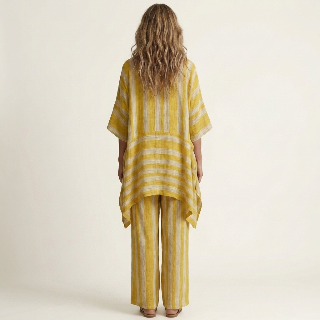 Striped V-Neck Kaftan Top and Wide Leg Pants Two Piece Set