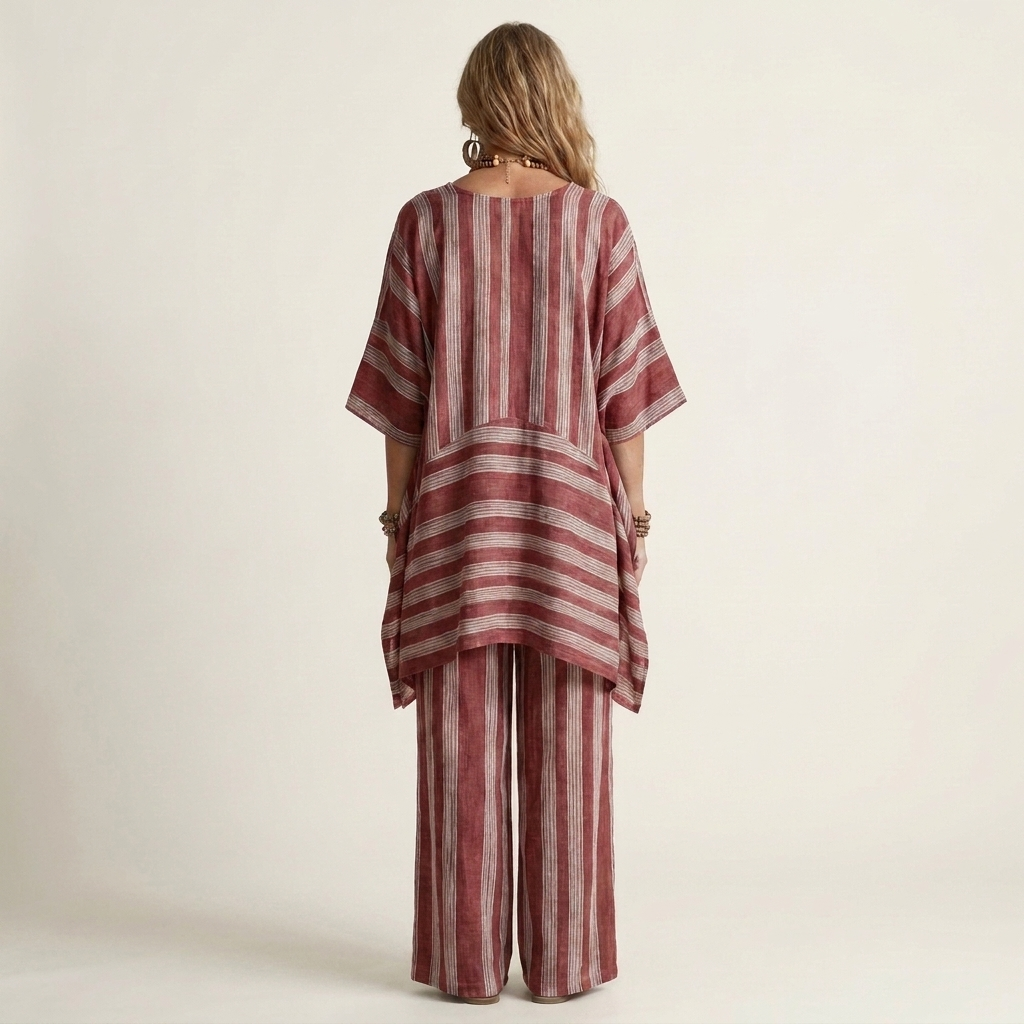 Striped V-Neck Kaftan Top and Wide Leg Pants Two Piece Set