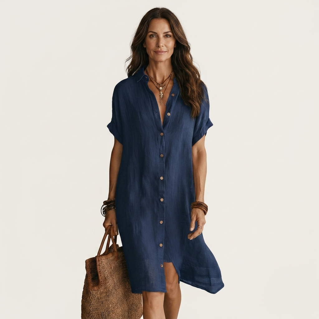 Linen Look Button Front Short Sleeve Midi Shirt Dress