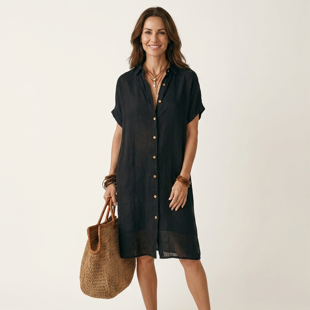 Linen Look Button Front Short Sleeve Midi Shirt Dress