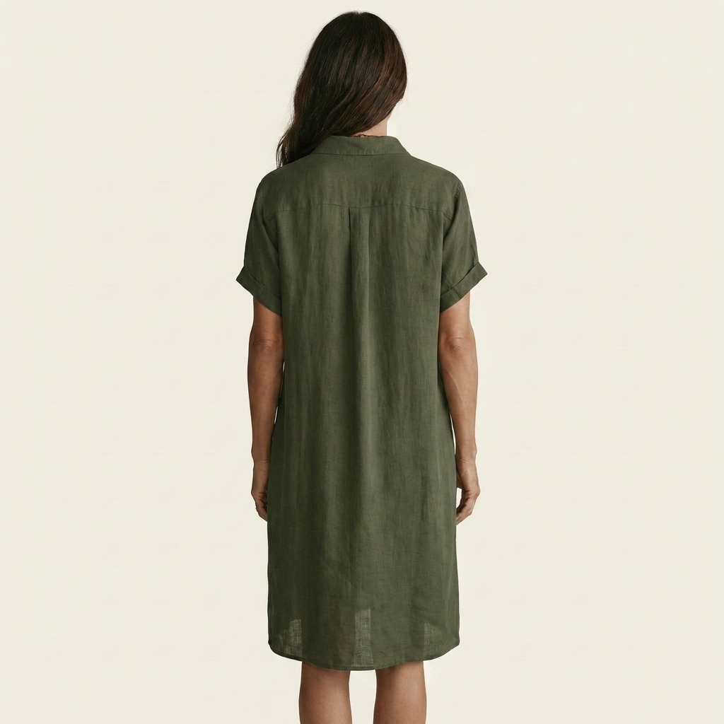 Linen Look Button Front Short Sleeve Midi Shirt Dress