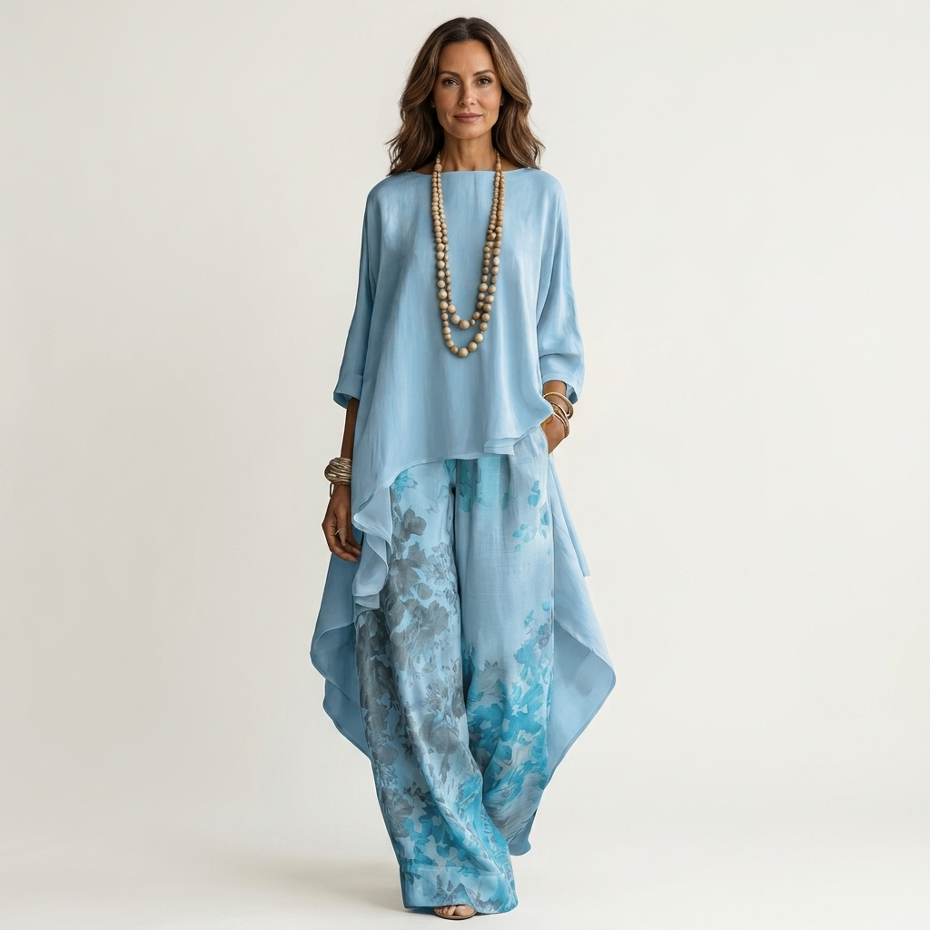 Asymmetric Hem Tunic Top and Printed Wide Leg Pants Two Piece Set