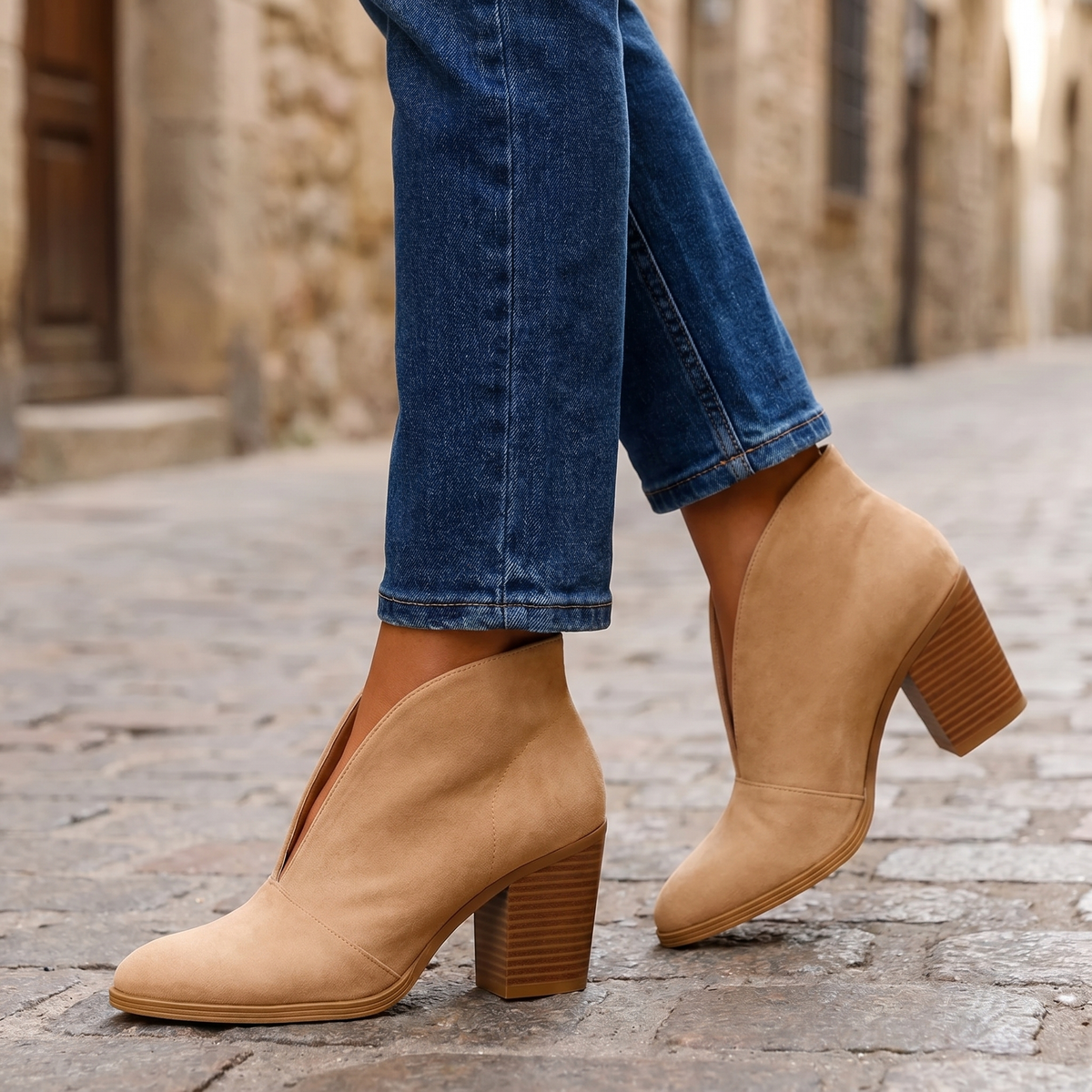 Pointed Toe Cut Out V Front Block Heel Ankle Boots 2
