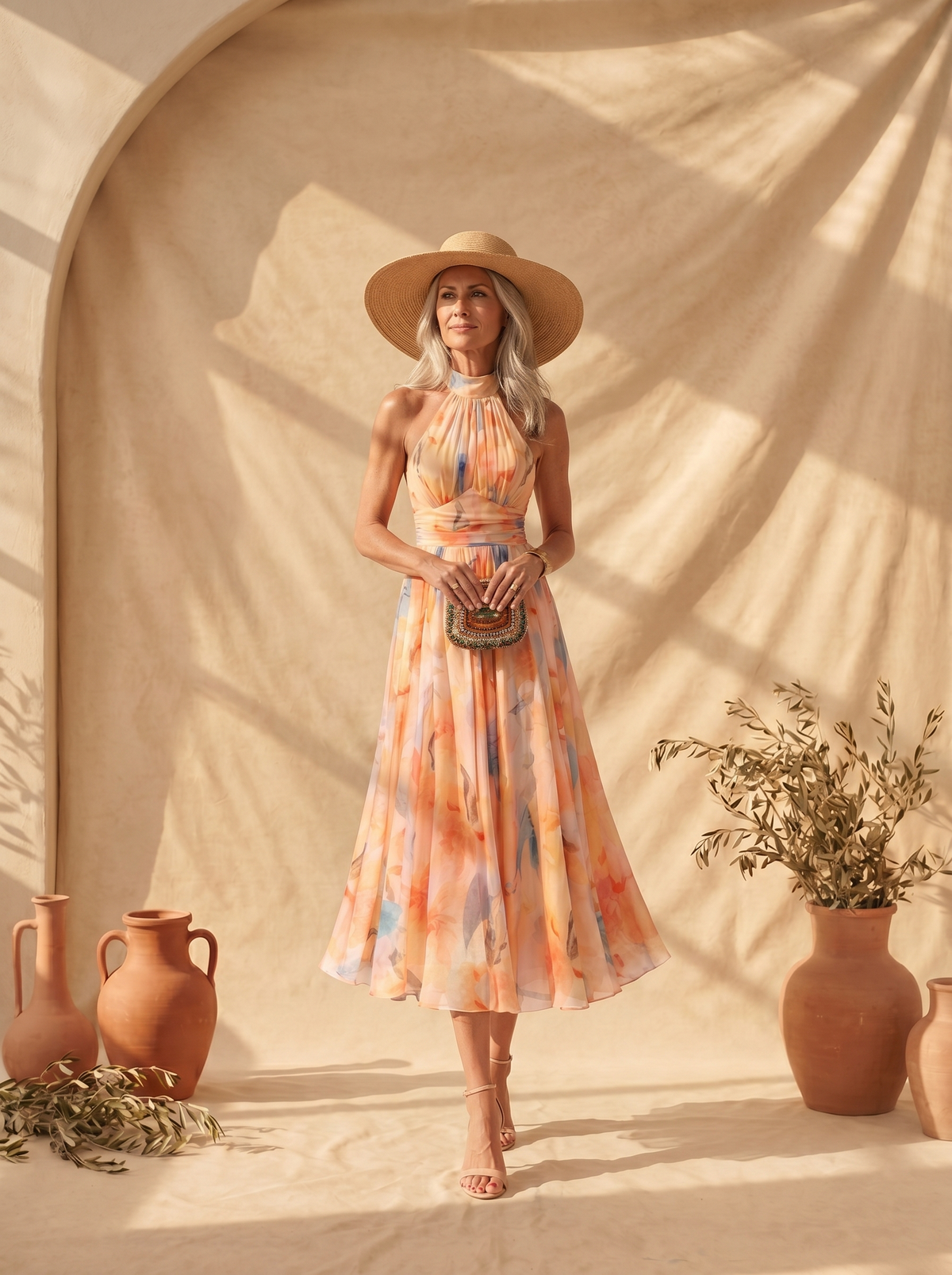 Watercolor Print Halter Neck Fit and Flare Midi Dress
