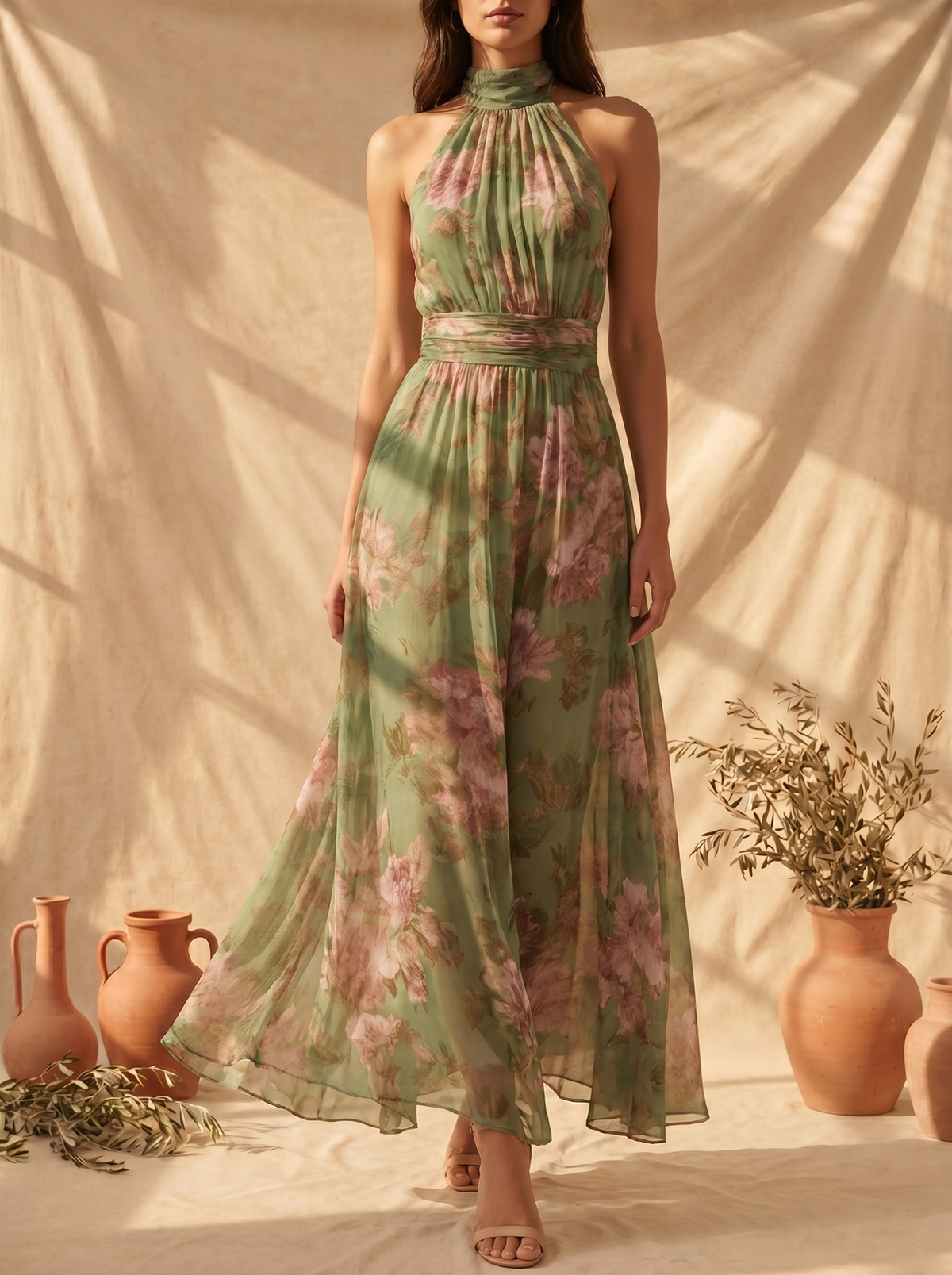 Lydia | Elegant Floral Halter Maxi Dress