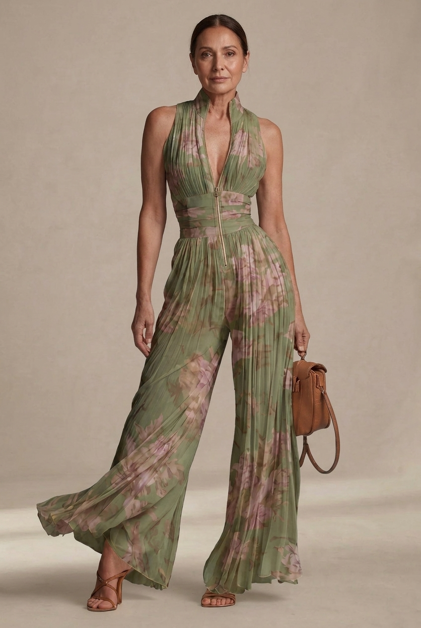 Halter Neck Deep V Pleated Floral Wide Leg Jumpsuit