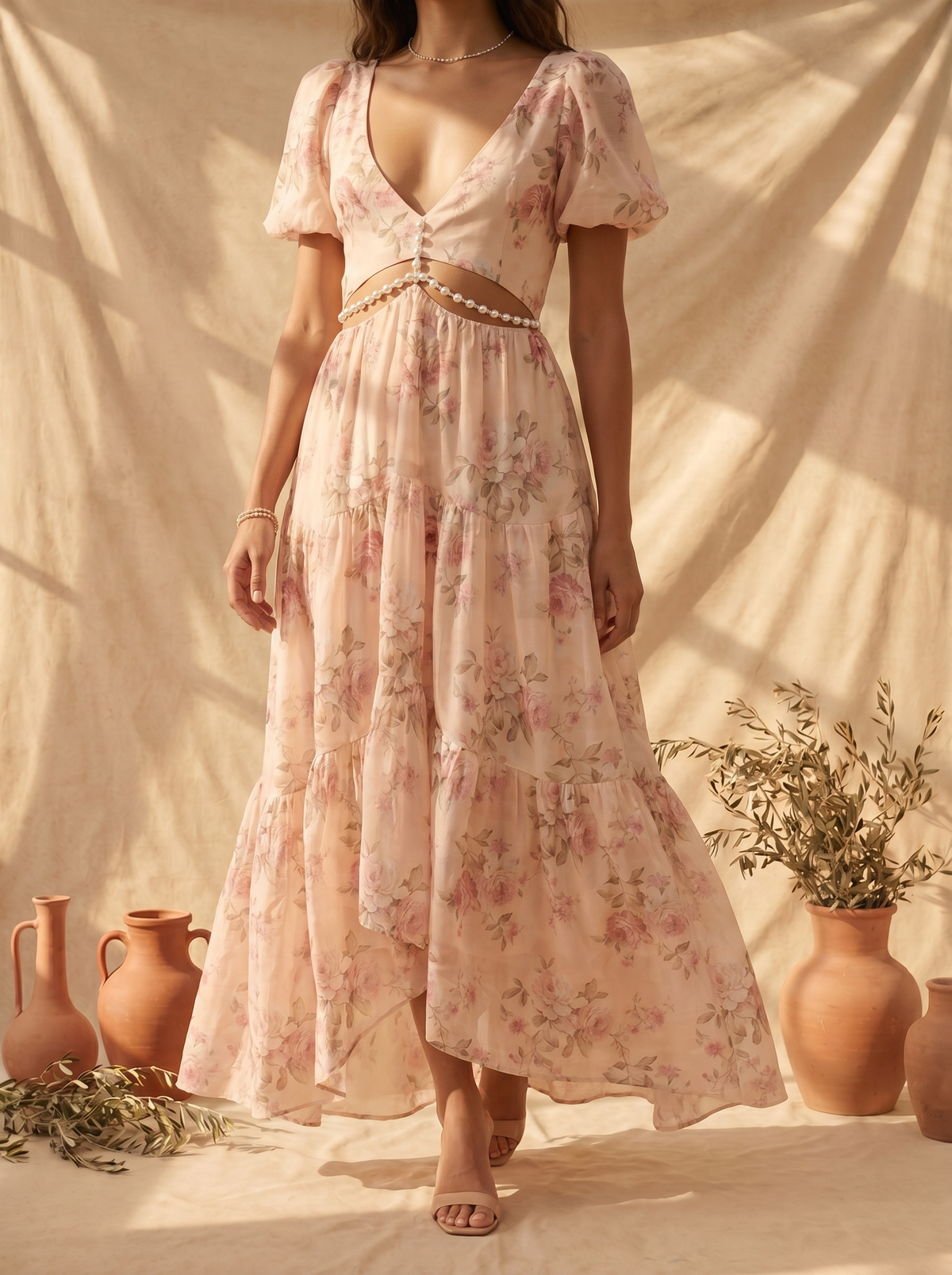 Floral Print V-Neck Puff Sleeve Cut Out Waist Tiered Maxi Dress