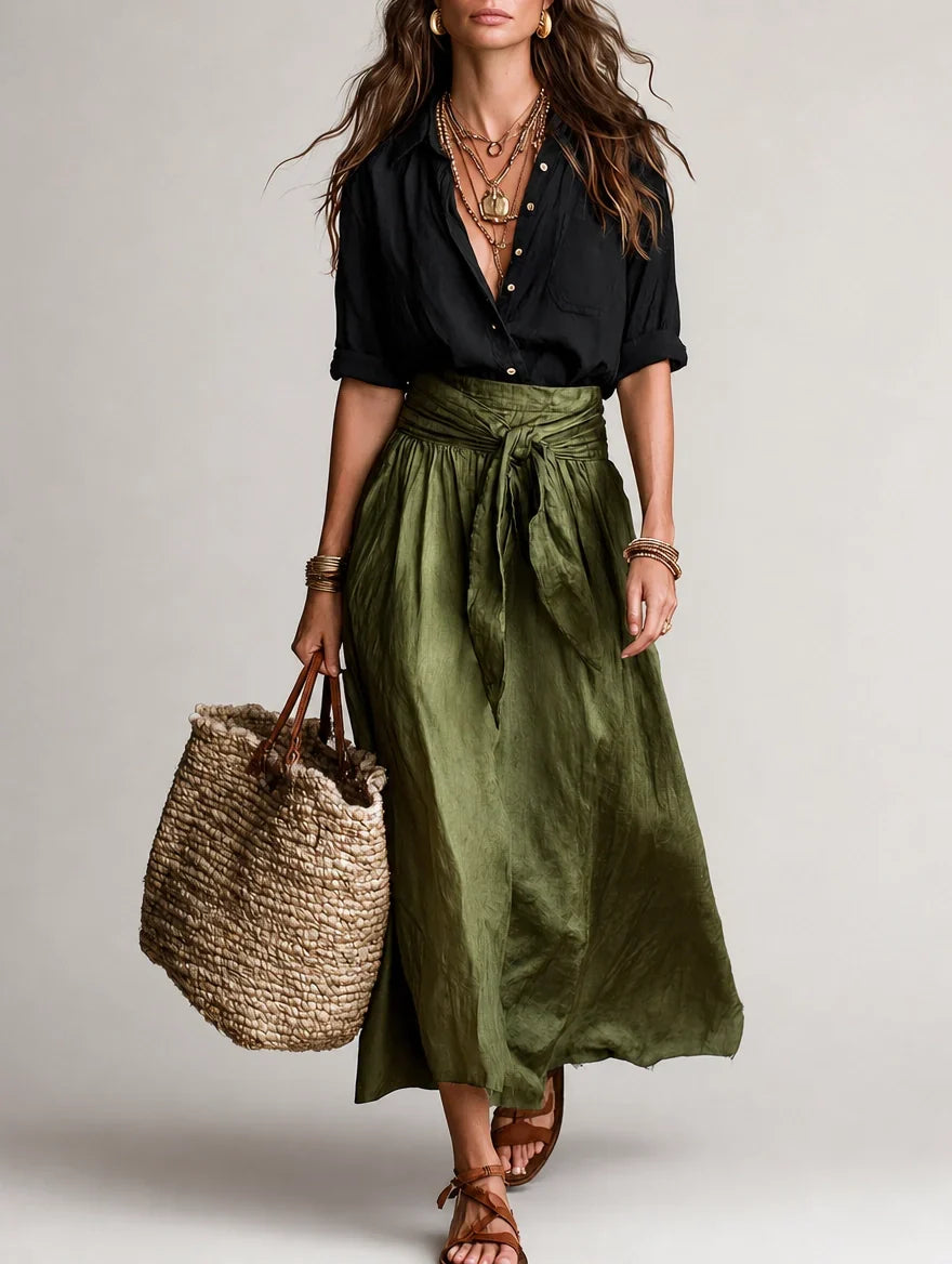 Button Front Shirt and Tie Waist Maxi Skirt Two Piece Set