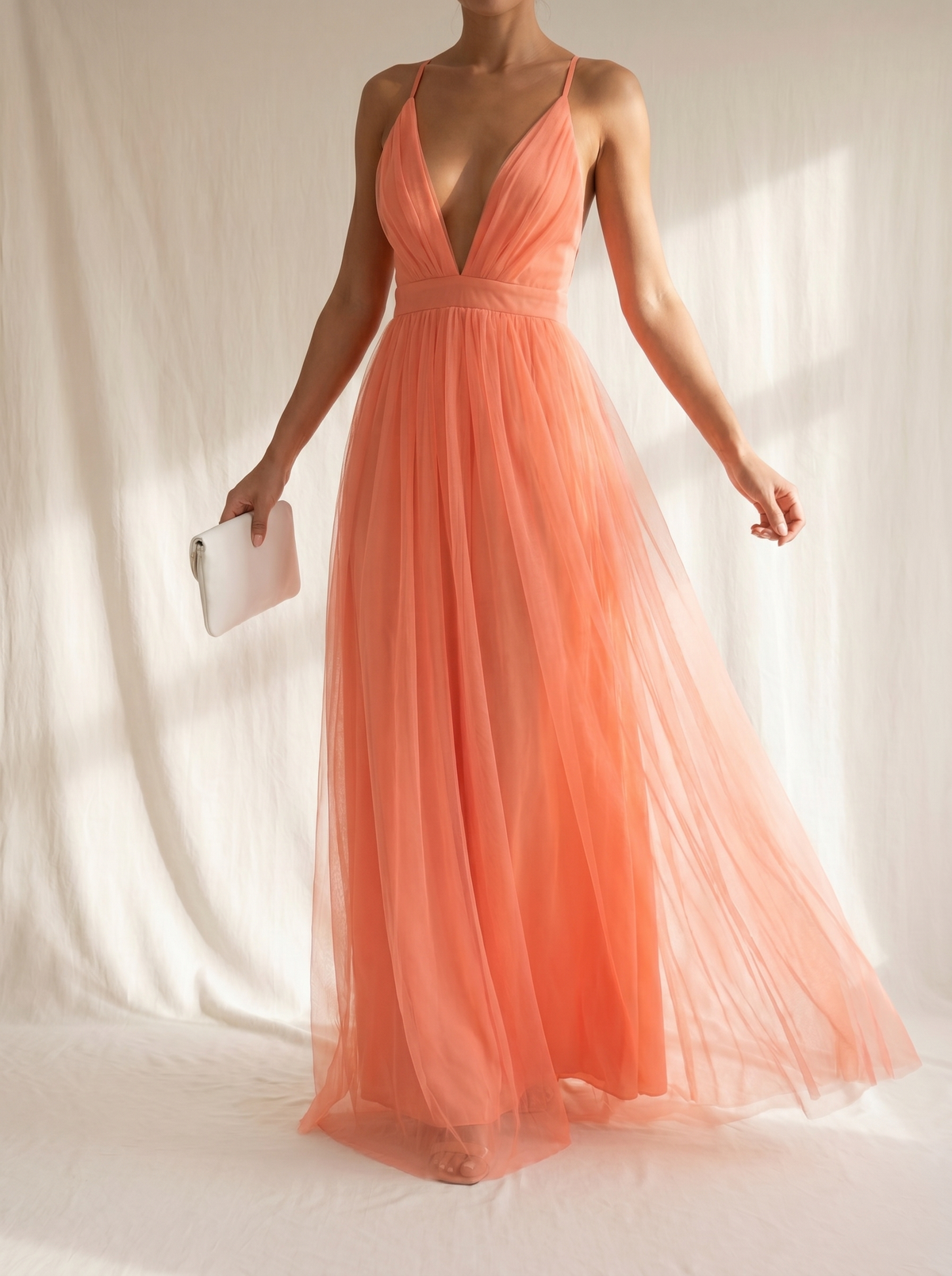 Tulle Deep V-Neck Spaghetti Strap Flowy Maxi Gown