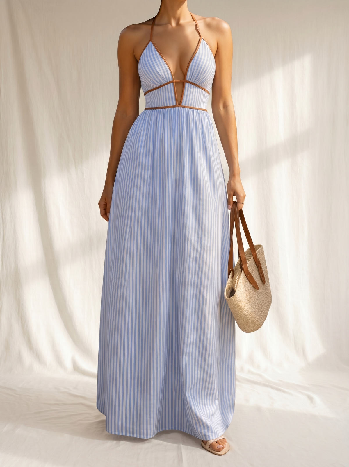 Striped Contrast Trim Deep V-Neck Strappy Maxi Summer Dress