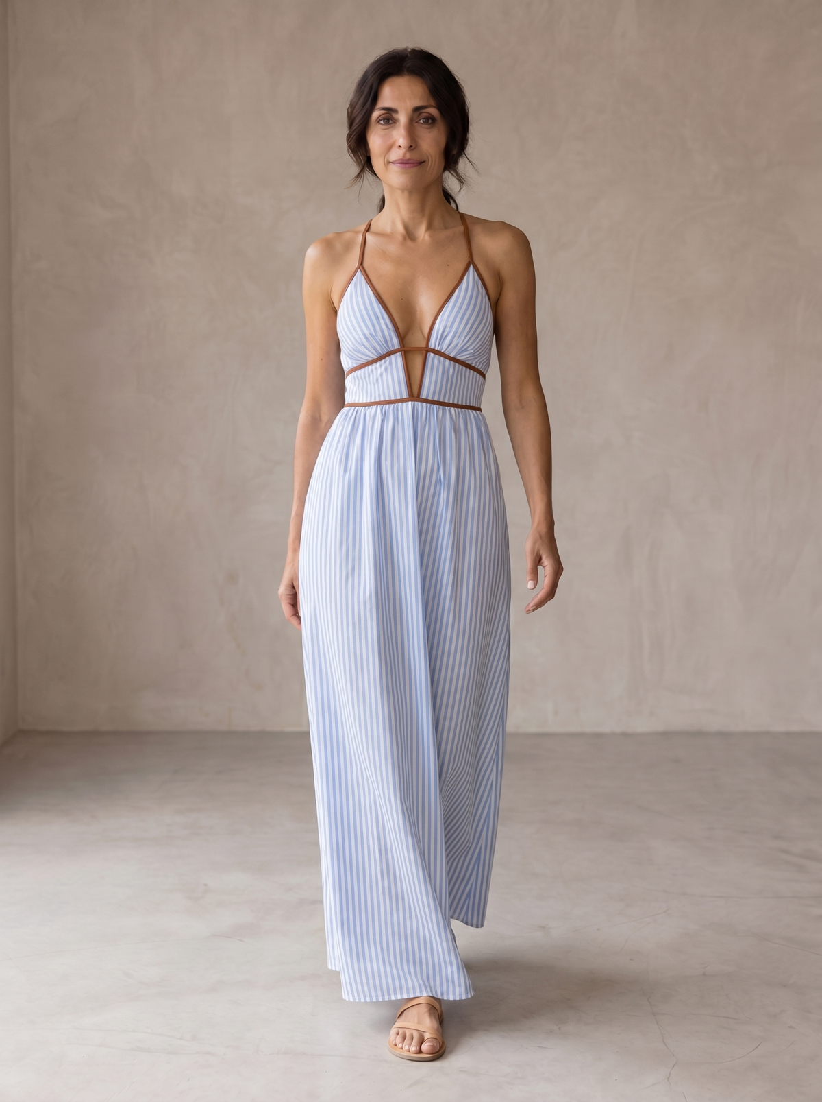 Striped Contrast Trim Deep V-Neck Strappy Maxi Summer Dress