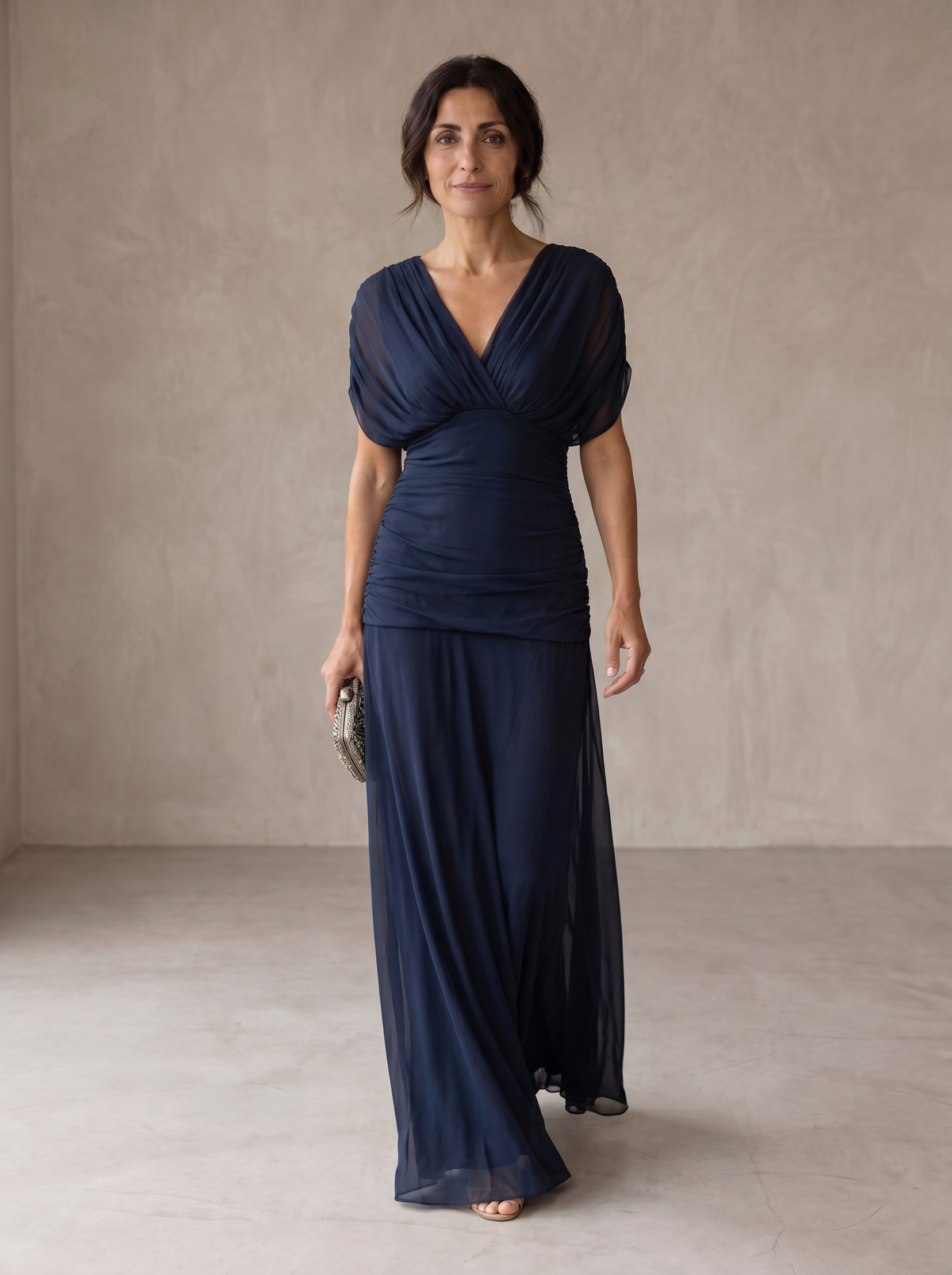 V-Neck Ruched Short Sleeve Maxi Gown