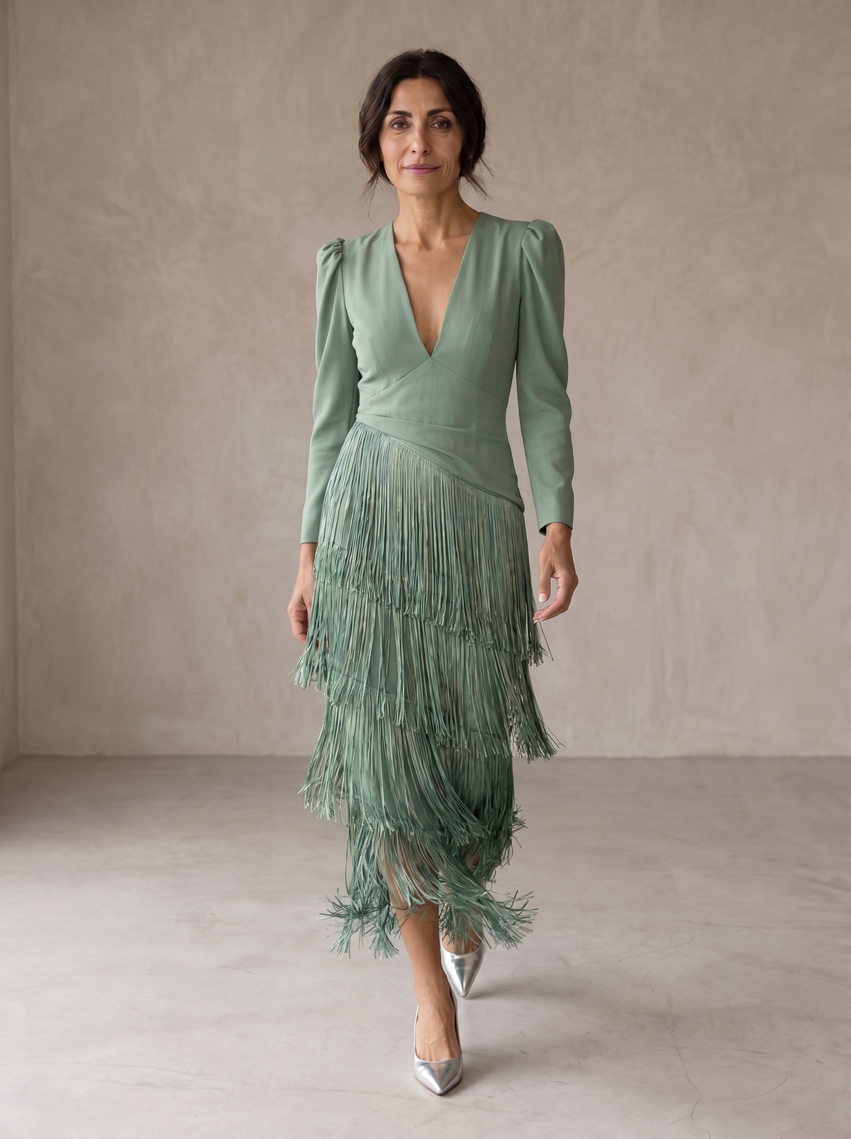 Deep V-Neck Long Sleeve Tiered Fringe Midi Dress