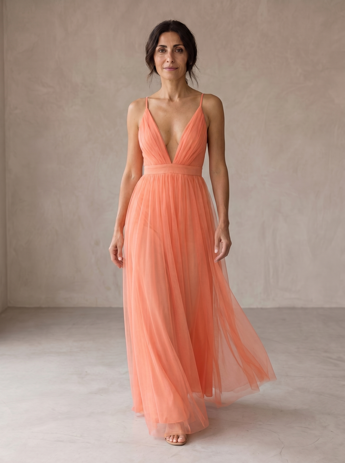 Tulle Deep V-Neck Spaghetti Strap Flowy Maxi Gown