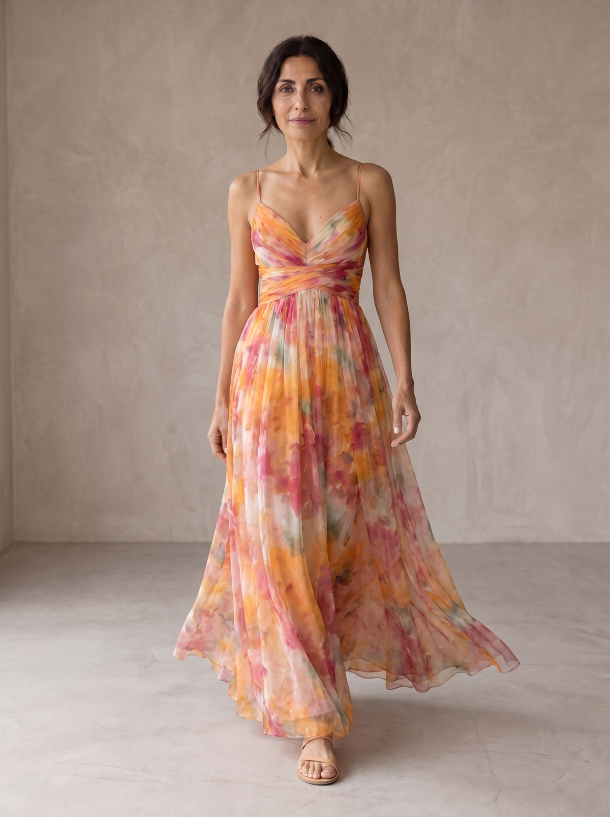 Watercolor Floral Print V-Neck Spaghetti Strap Flowy Maxi Dress