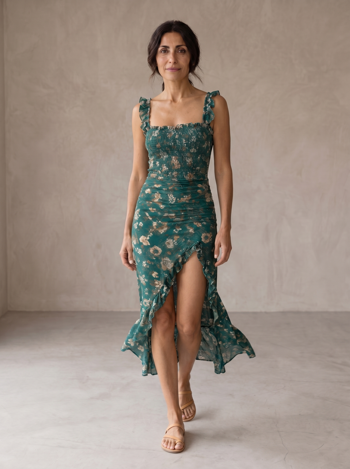 Floral Smocked Ruffle Strap High Split Ruffle Hem Midi Dress