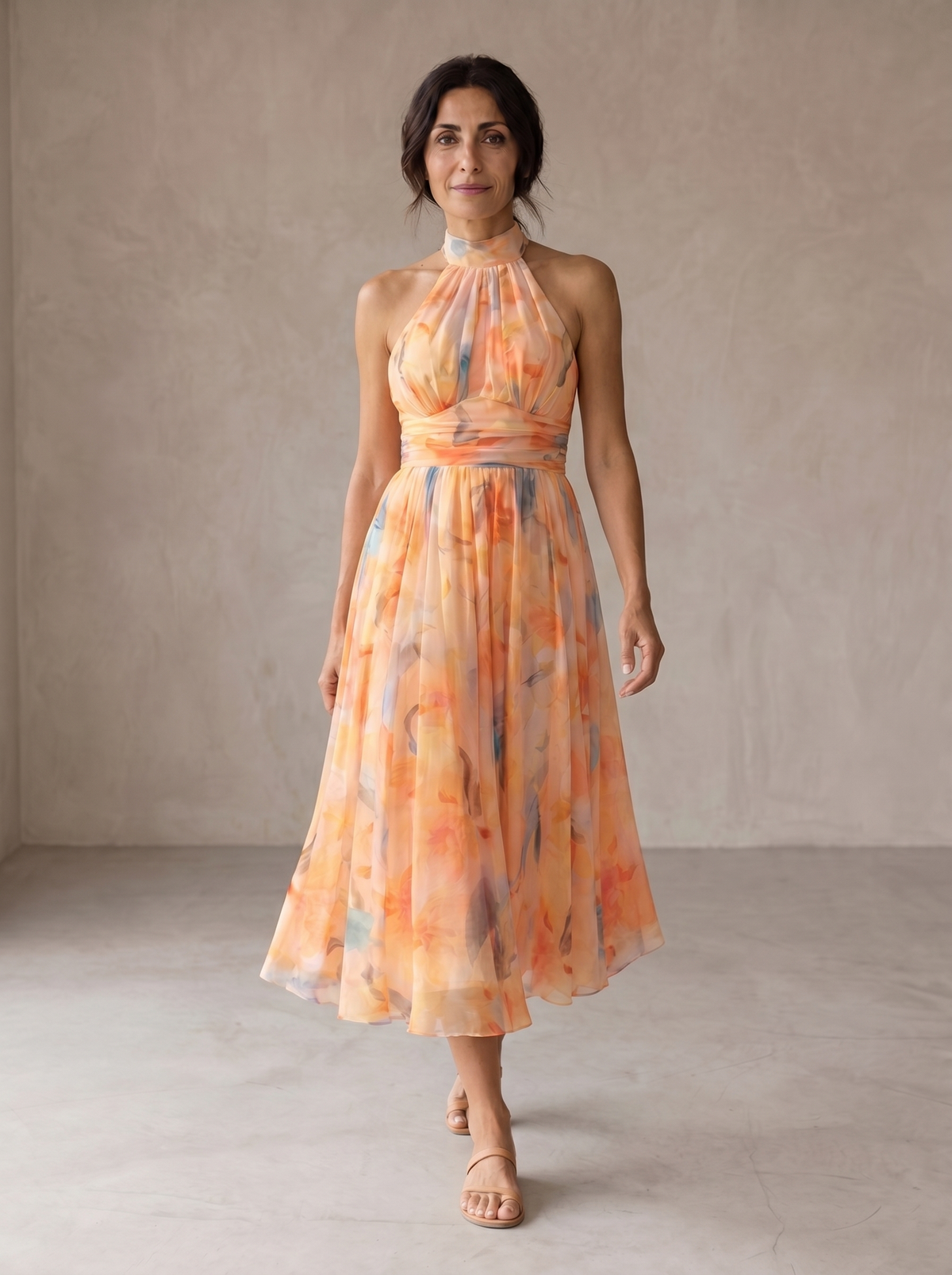 Watercolor Print Halter Neck Fit and Flare Midi Dress