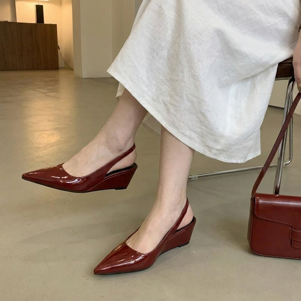 Pointed Toe Patent Slingback Wedge Pumps 4