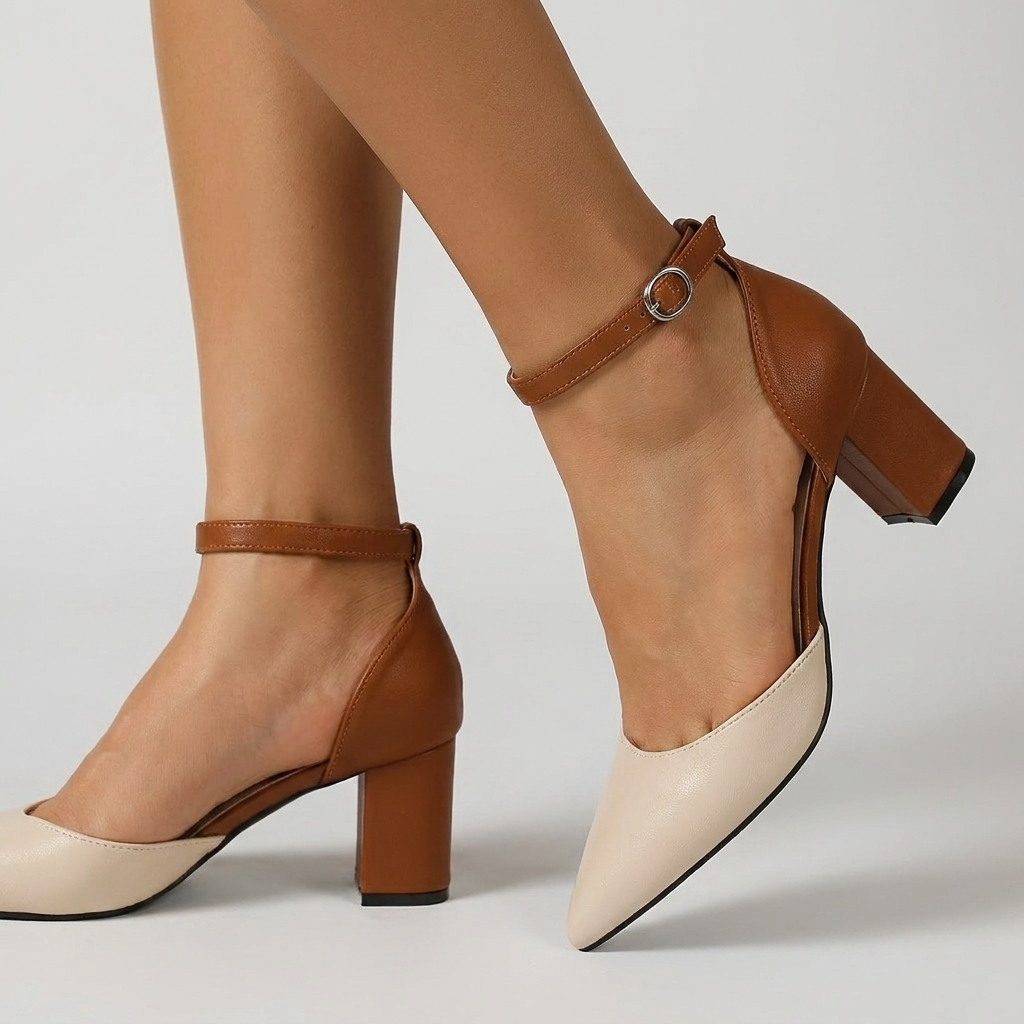 Pointed Toe Ankle Strap Block Heel Pumps