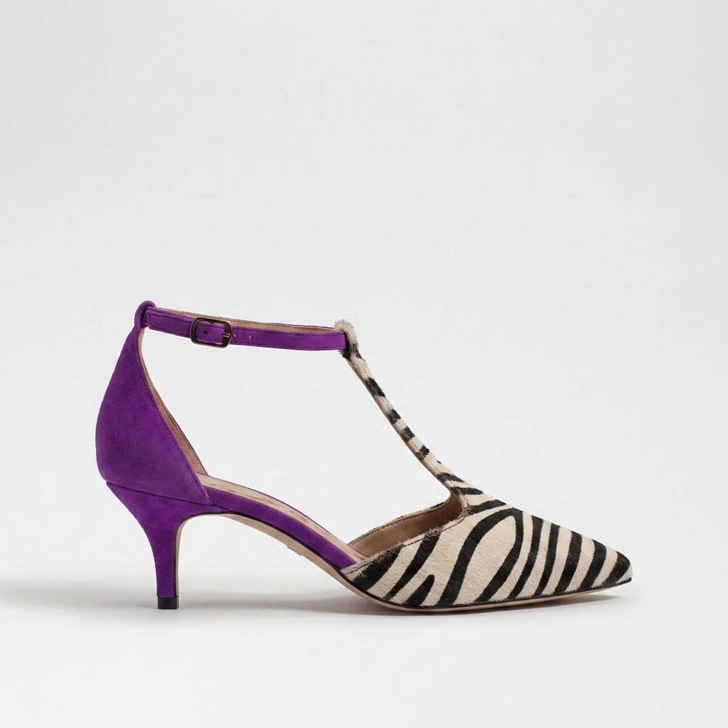 Zebra Print Pointed Toe T-Strap Kitten Heel Pumps