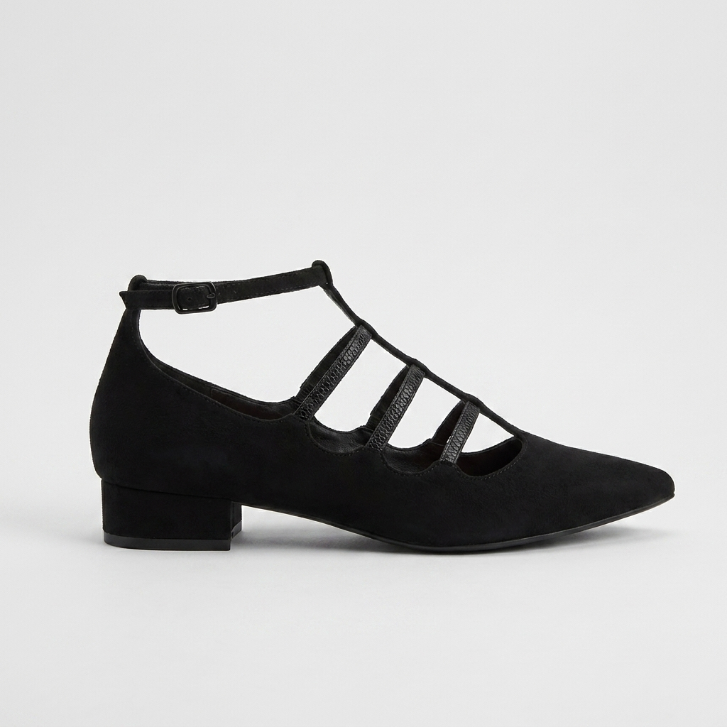 Pointed Toe Caged Strap Low Block Heel Flats