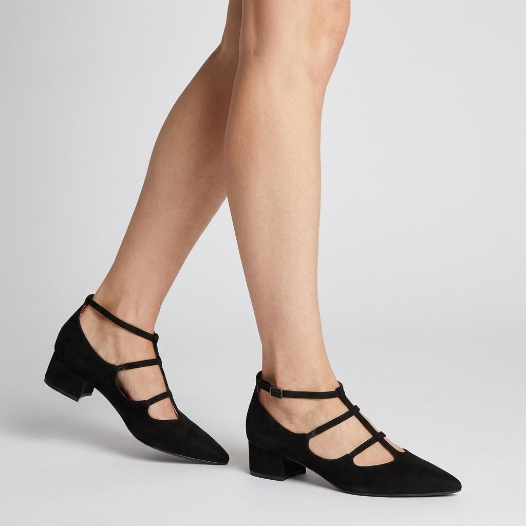 Pointed Toe Caged Strap Low Block Heel Flats