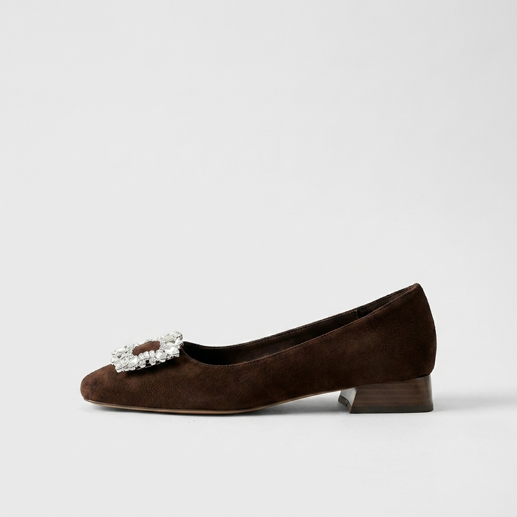 Square Toe Crystal Buckle Low Block Heel Suede Look Pumps