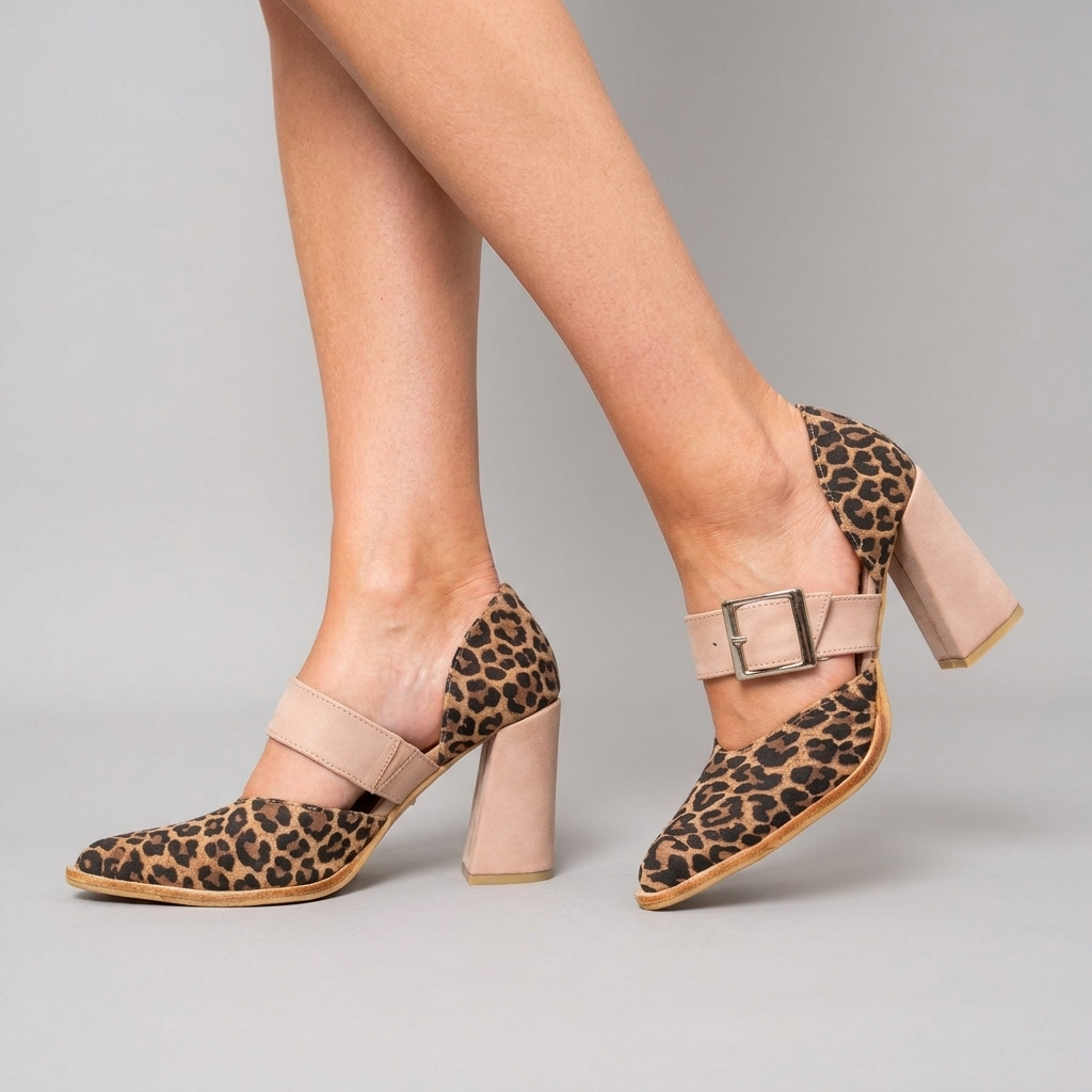 Leopard Print Pointed Toe Buckle Strap Block Heel Pumps