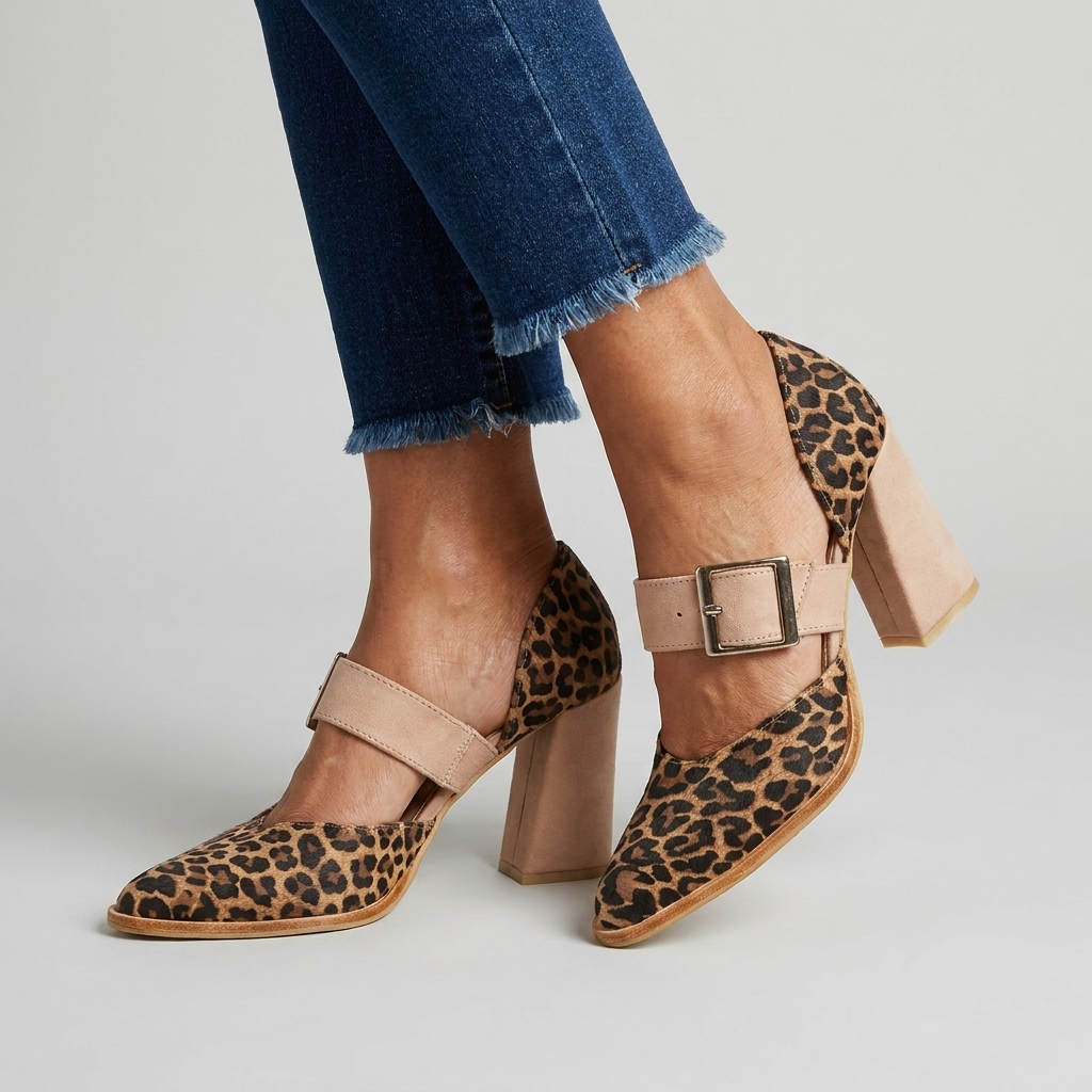 Leopard Print Pointed Toe Buckle Strap Block Heel Pumps