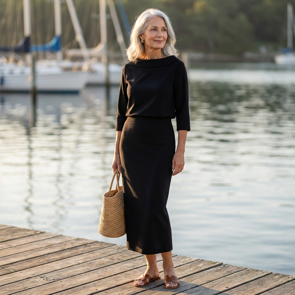 Cowl Neck Top and Straight Midi Skirt Two Piece Set
