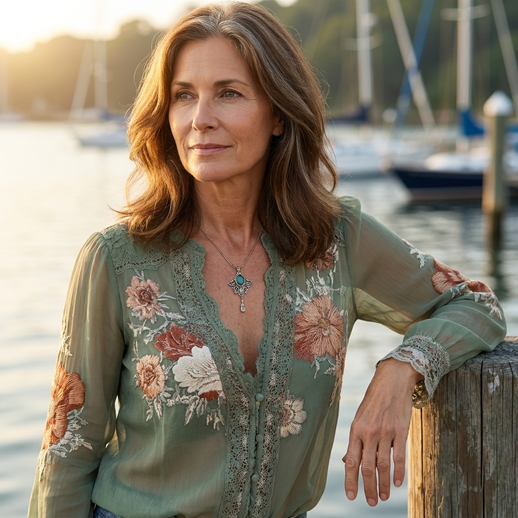 Floral Lace Trim V-Neck Long Sleeve Blouse 2