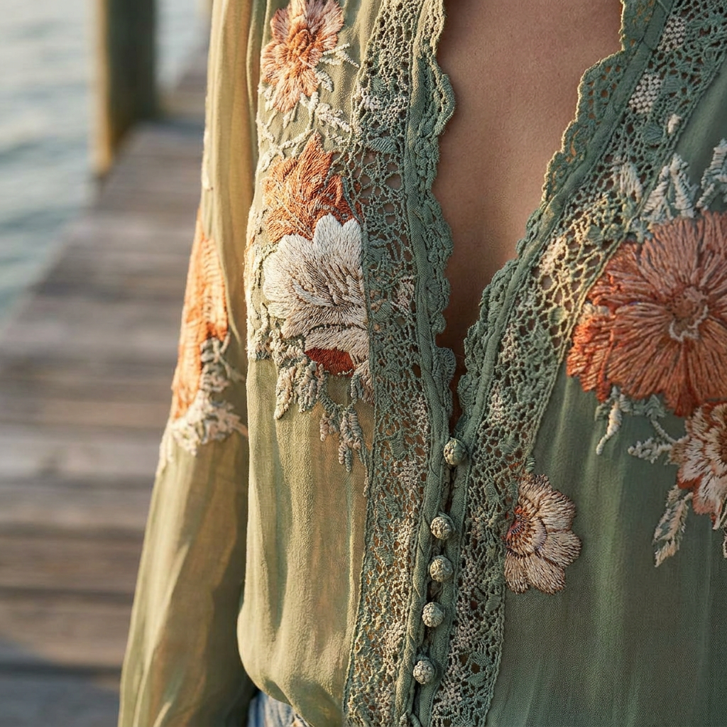 Floral Lace Trim V-Neck Long Sleeve Blouse 4