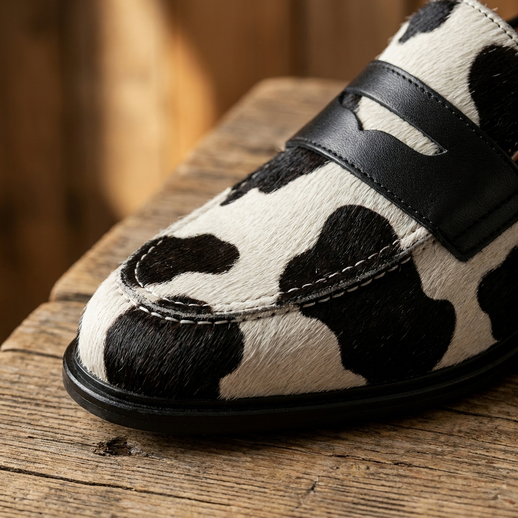 Cow Print Round Toe Flat Penny Loafers