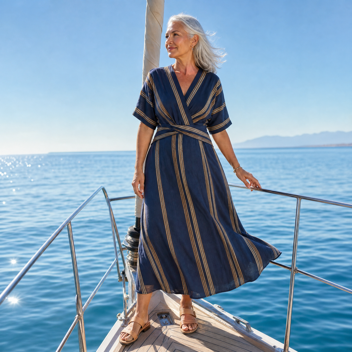 Striped V-Neck Kimono Sleeve Tie Waist Maxi Dress