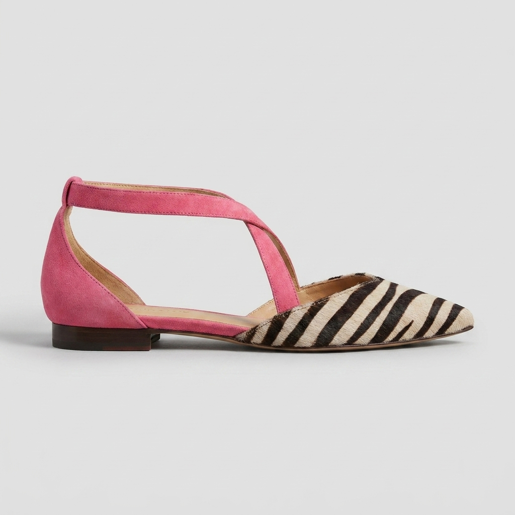 Zebra Print Pointed Toe Cross Strap Flats 10