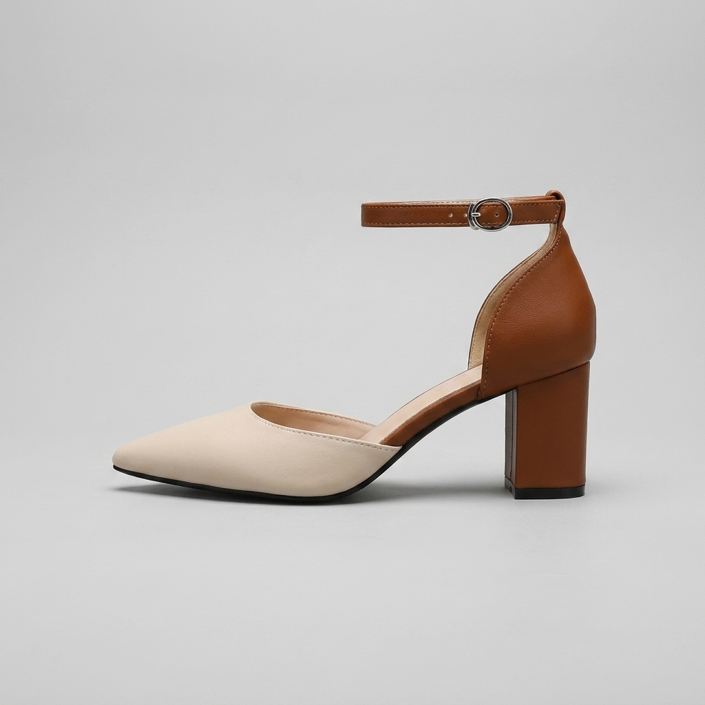 Pointed Toe Ankle Strap Block Heel Pumps