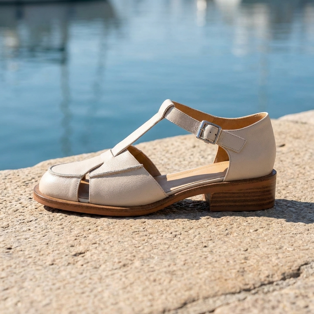 Closed Toe T-Strap Buckle Low Block Heel Fisherman Sandals