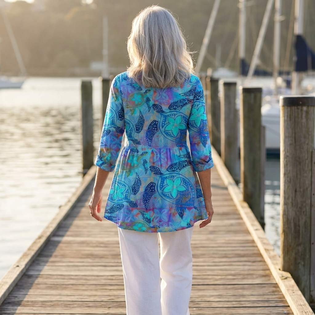 Batik Print V-Neck Three Quarter Sleeve Peplum Tunic Top