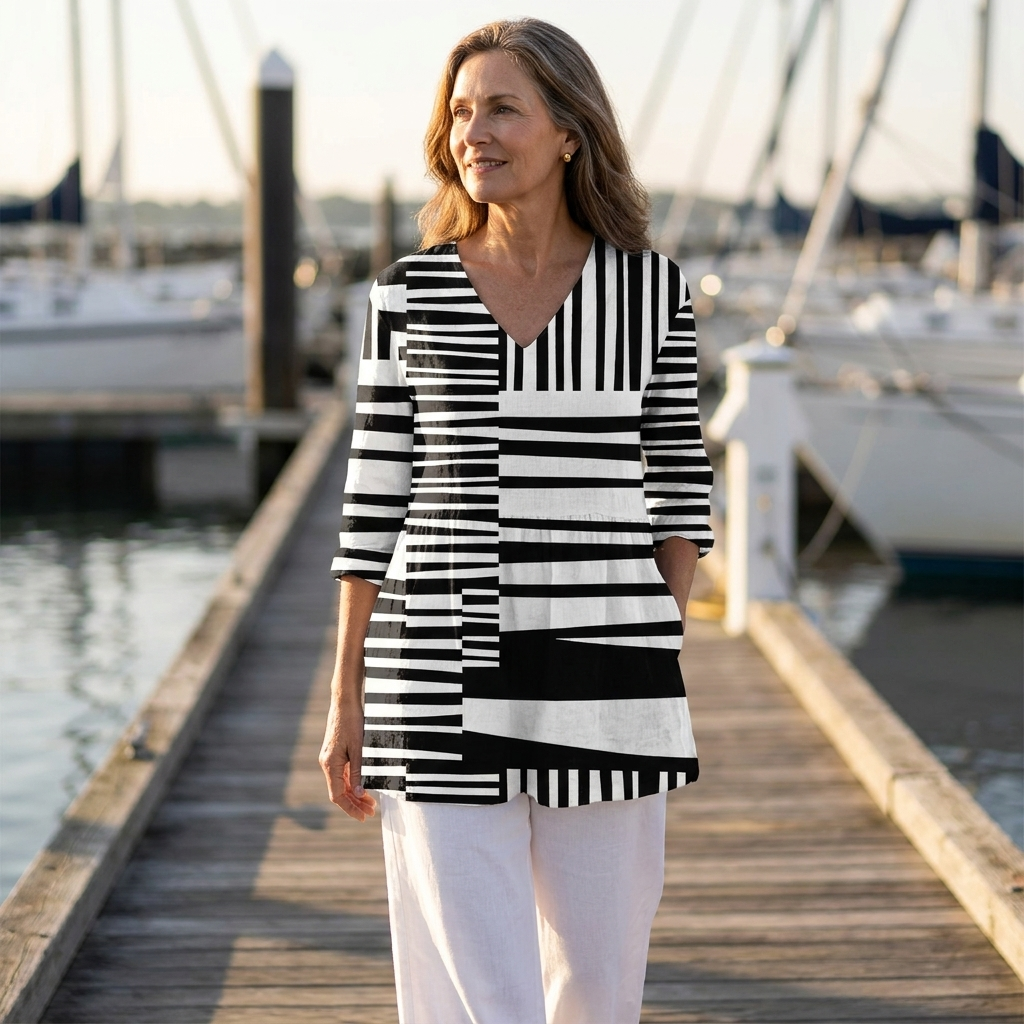 Striped V-Neck Three Quarter Sleeve Tunic Top