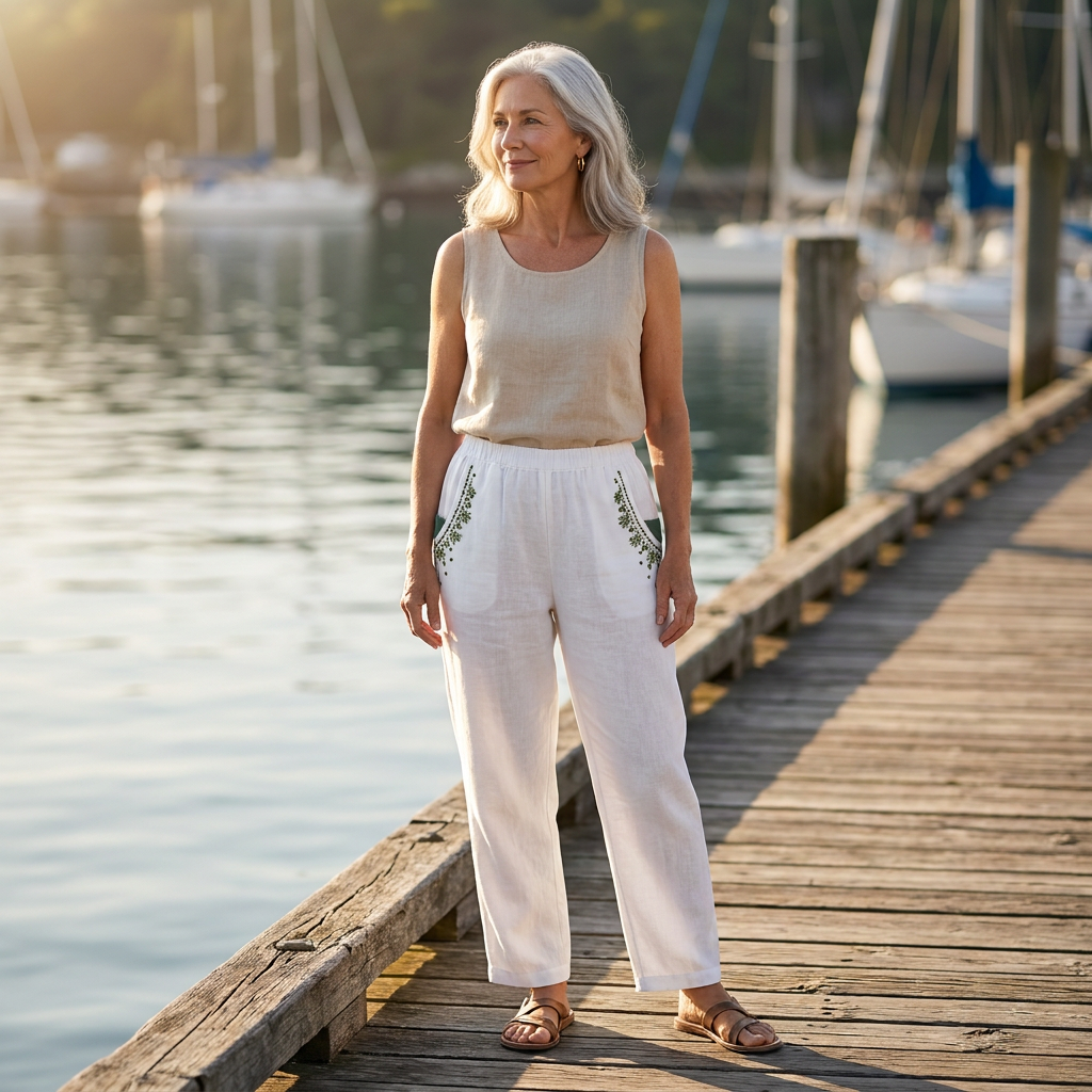 Embroidered Pocket Elastic Waist Linen Look Pants