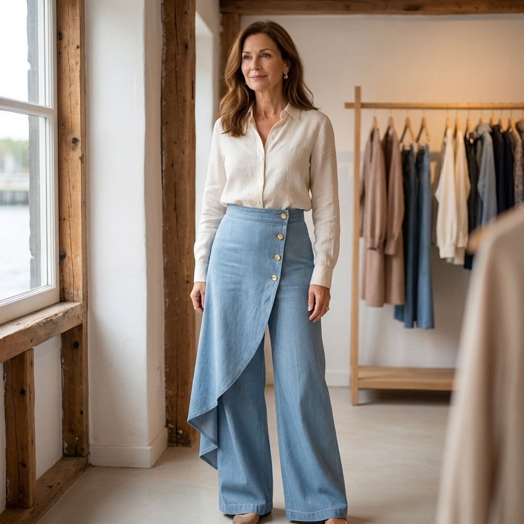 Button Front Wrap Wide Leg Denim Trousers